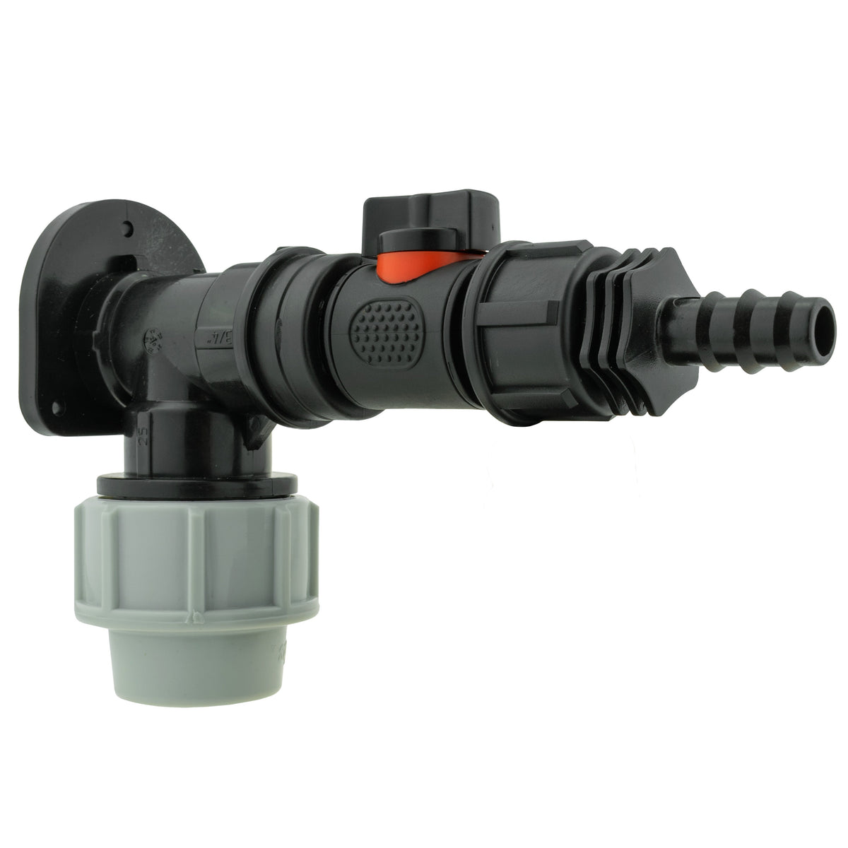 Black/grey 25mm MDPE wall-flange kit with valve & 16mm irrigation barb.