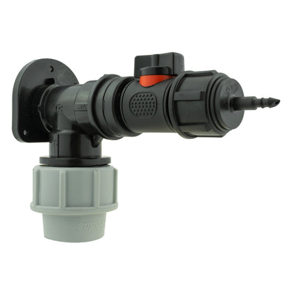 Black/grey 25mm MDPE wall-flange kit with valve & 4mm micro-tube barb.