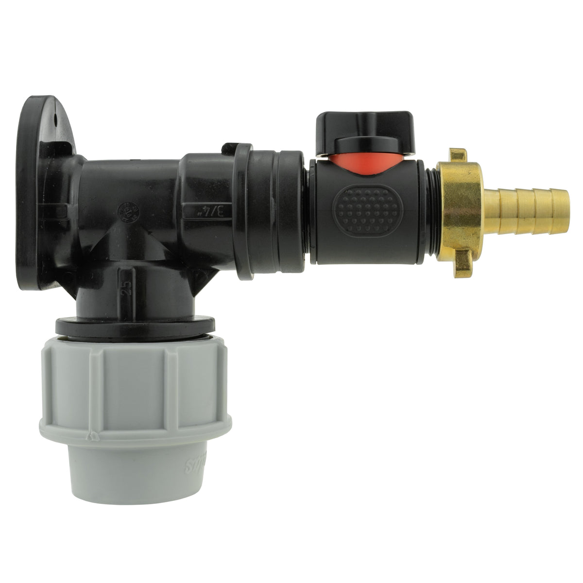 Black/grey 25mm MDPE wall-flange kit with valve & 13mm brass barb.