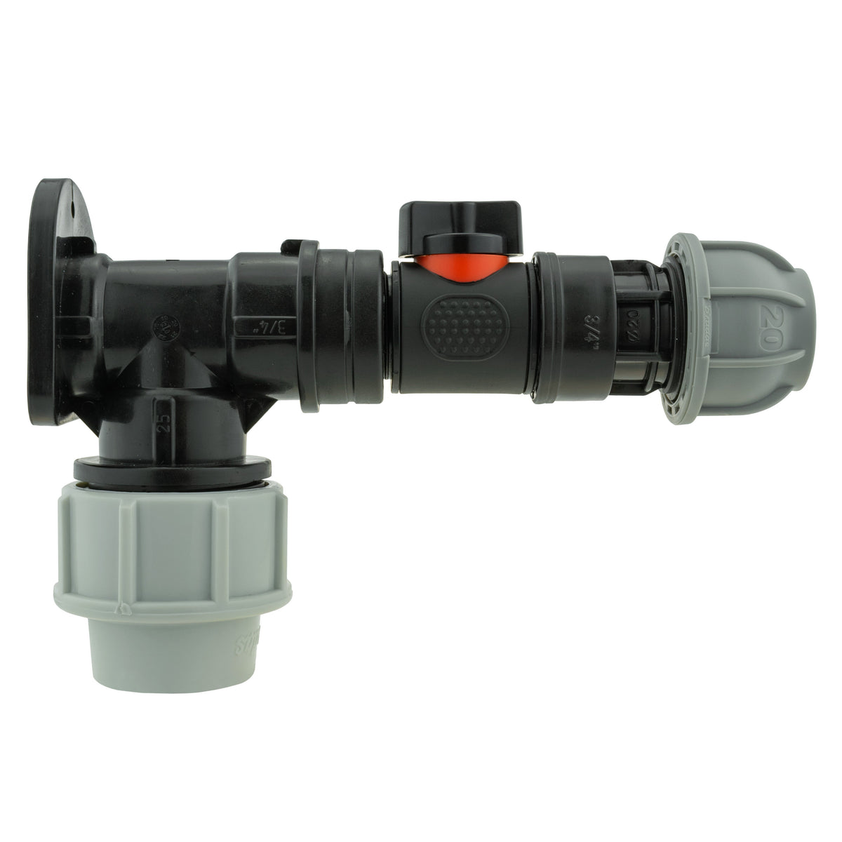 Black/grey 25mm MDPE wall-flange kit with valve & 20mm mdpe outlet.