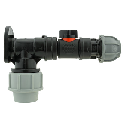 Black/grey 25mm MDPE wall-flange kit with valve & 20mm mdpe outlet.
