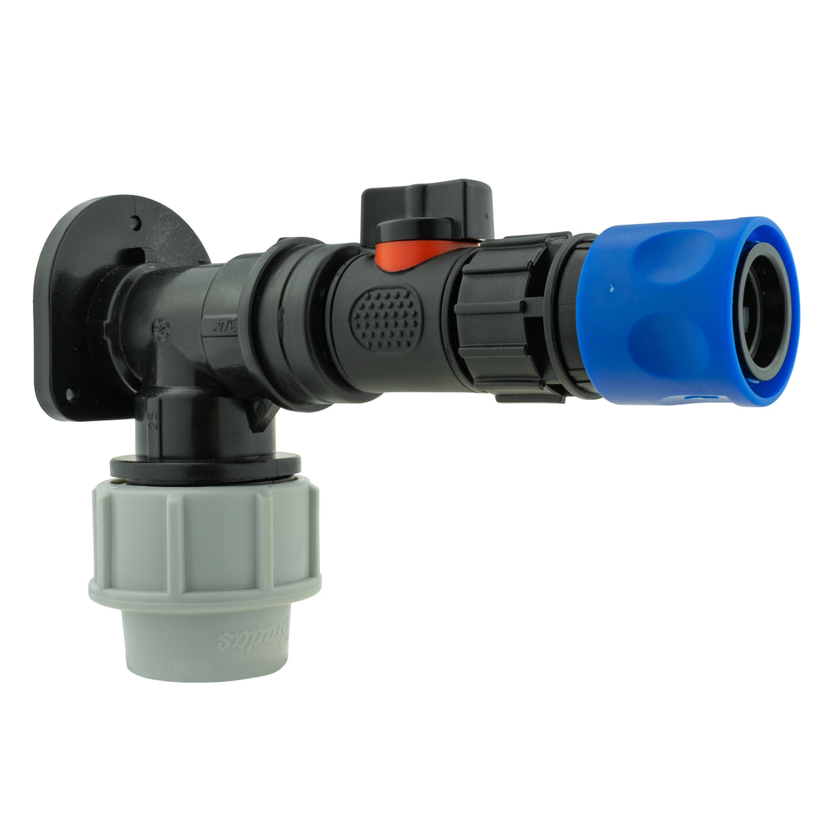 Black/grey 25mm MDPE wall-flange kit with black valve & blue female coupling.