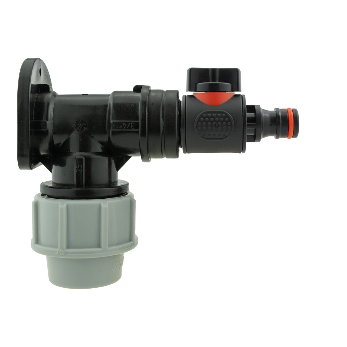 Black/grey 25mm MDPE wall-flange kit with valve & male quick connector.
