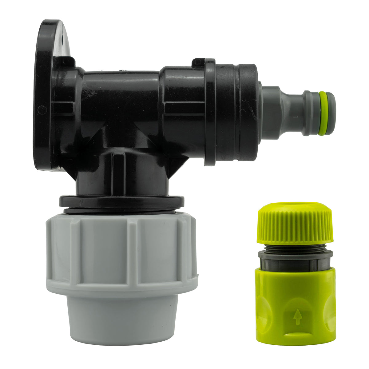 Black/grey 25mm MDPE wall-flange kit with snap-on plug & hose connector.