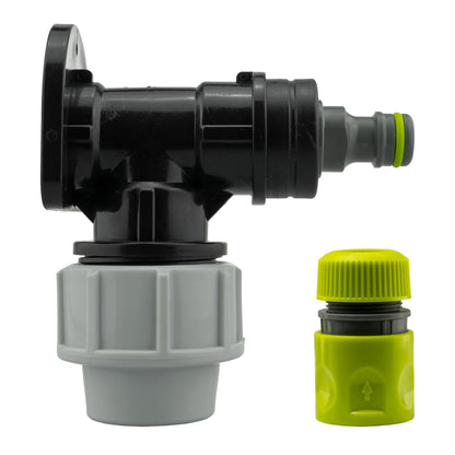 Black/grey 25mm MDPE wall-flange kit with snap-on plug & hose connector.