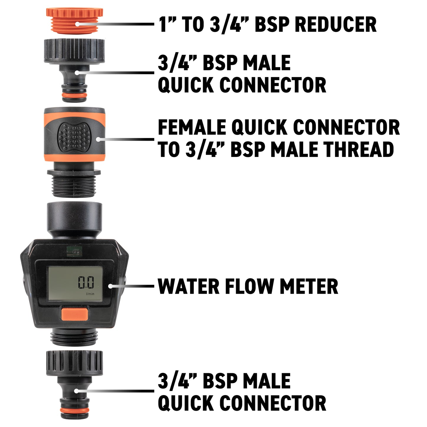 Water Flow Meter with Quick Connect Outlet (Black/Orange)