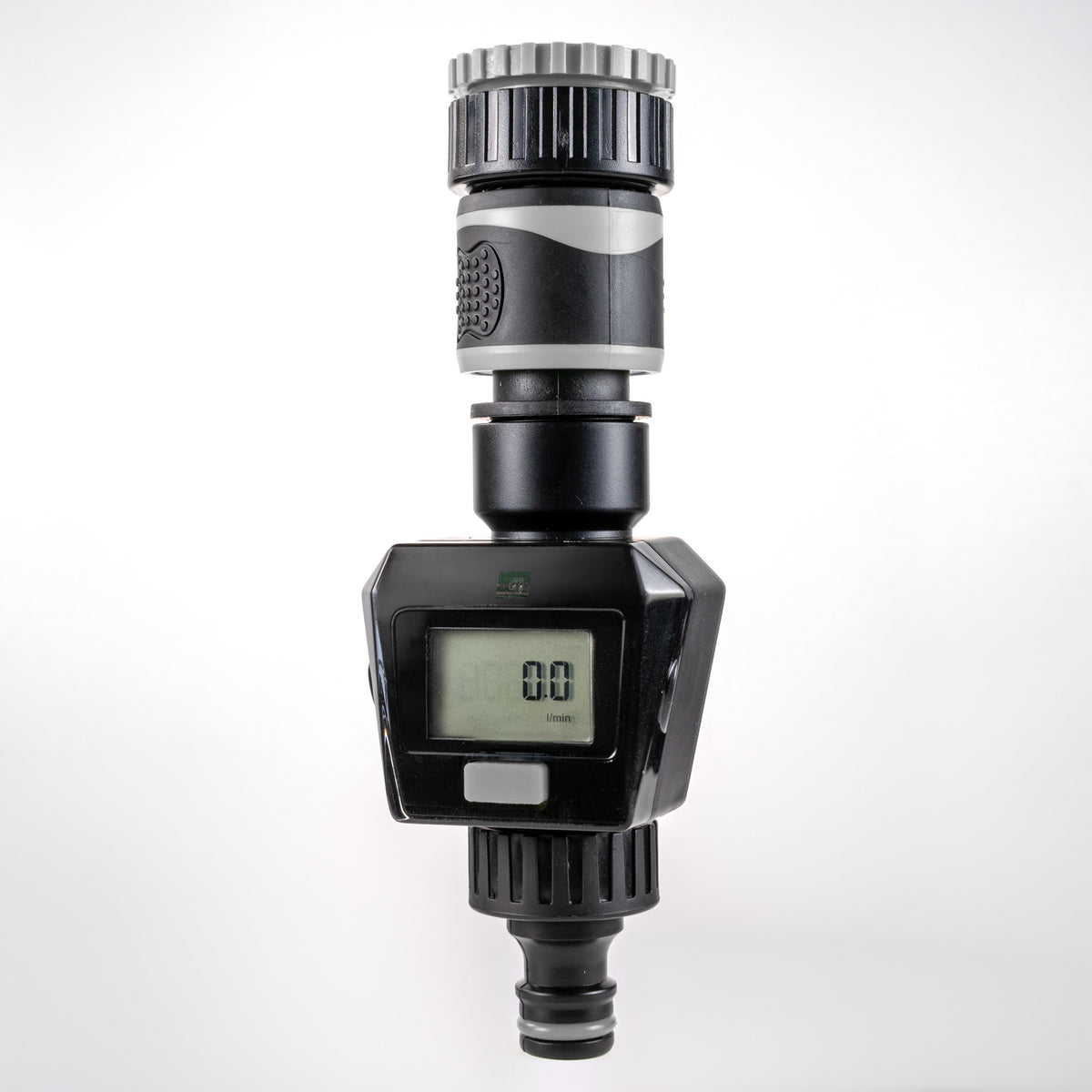 Digital Garden Water Flow Meter – Grey, BSP & Quick Adapters; product design shown.