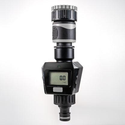 Digital Garden Water Flow Meter – Grey, BSP & Quick Adapters; product design shown.