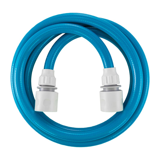 Blue reinforced10mm hose with two grey/white quick-connect hose ends; length selected separately.
