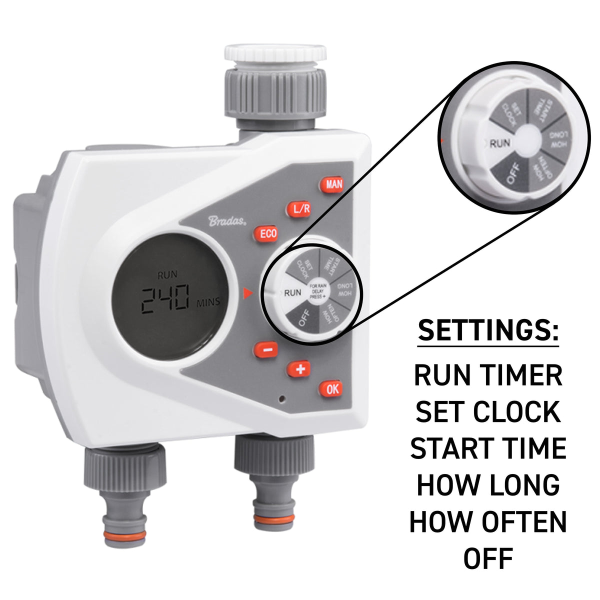White Line 2-Zone Electronic Water Timer – LCD, 1–240 Minutes