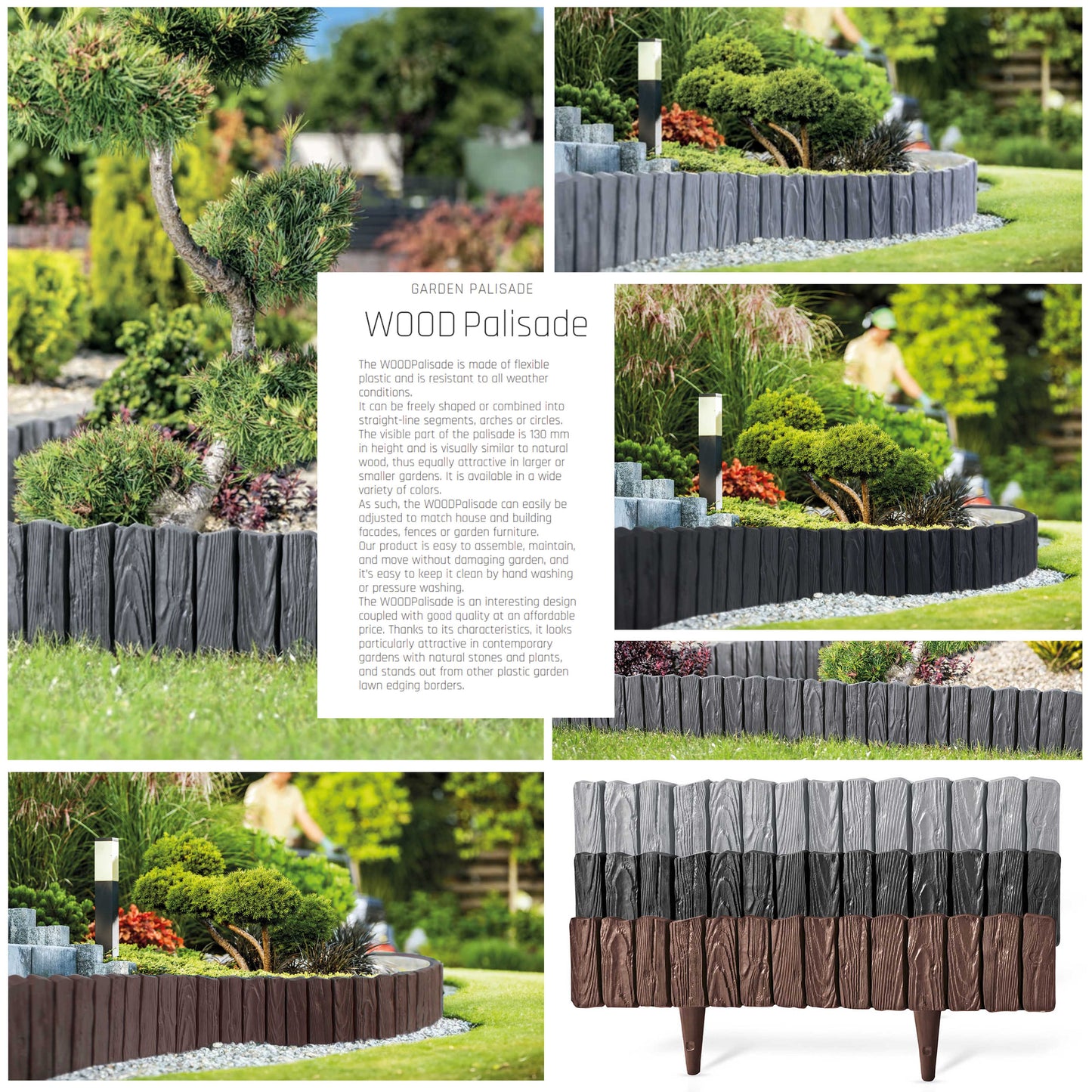 Lawn Edging, 2.32 Metres Plastic Palisade Wood Effect (Black)