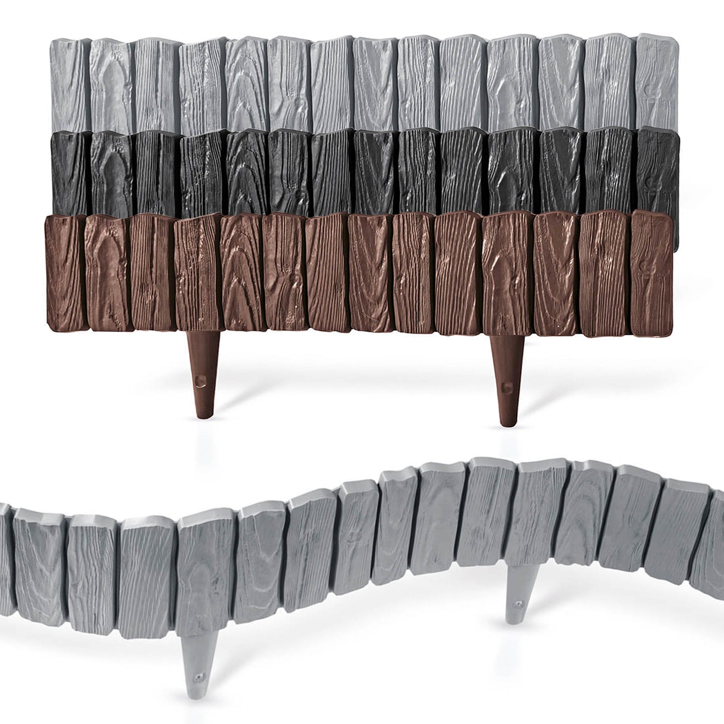 Lawn Edging, 2.32 Metres Plastic Palisade Wood Effect (Grey)