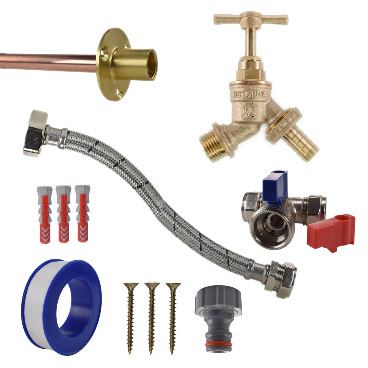Brass Barbed Bib Tap through-wall kit with wall plate, pipe, fixings and compression tee and flexible connector.