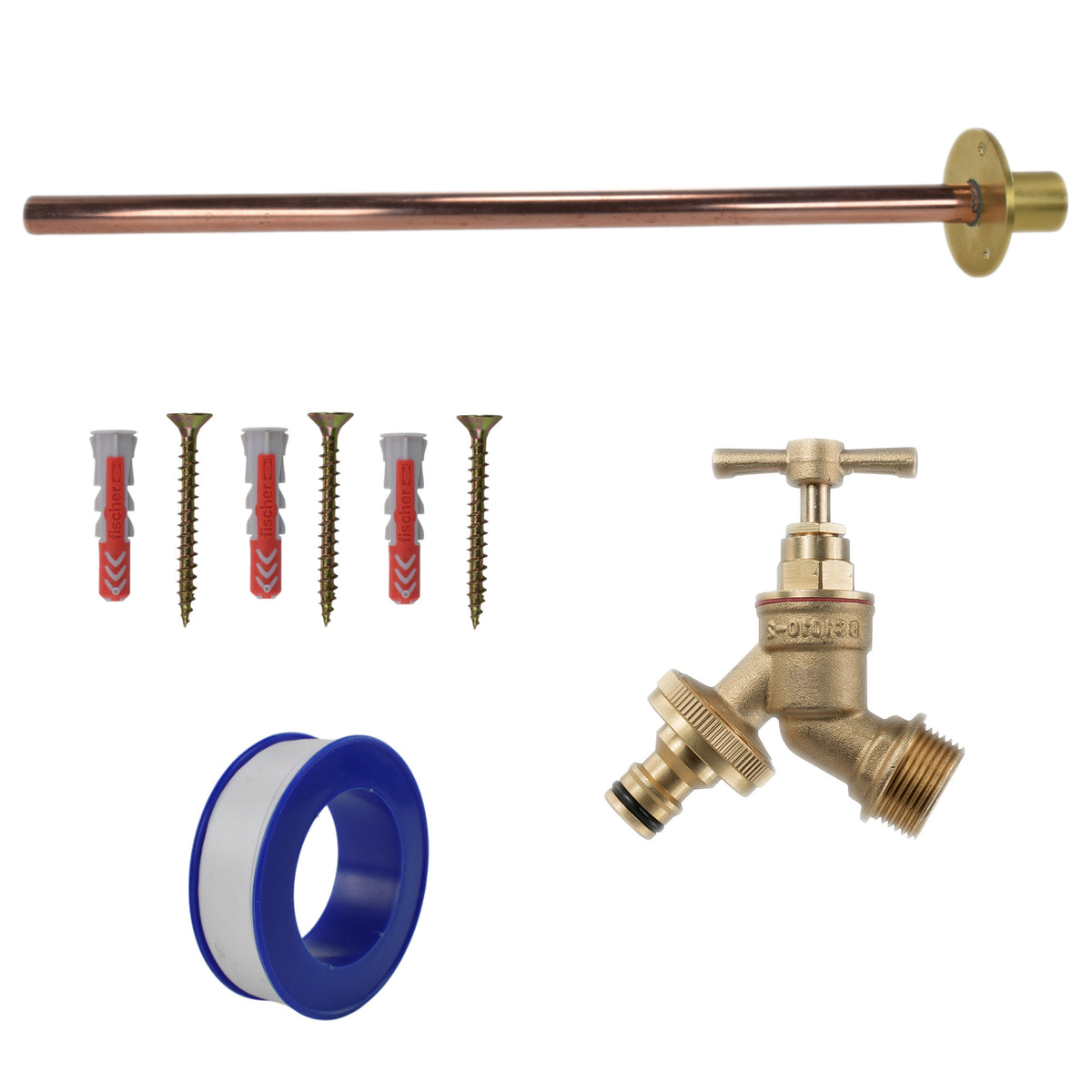 Brass Quick-Connect Bib Tap through-wall kit with wall plate, pipe, fixings and PTFE tape.