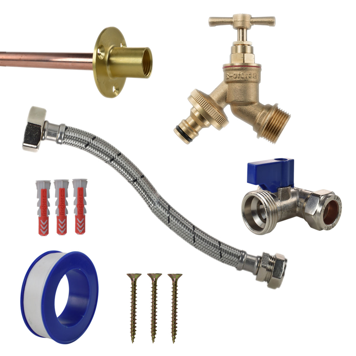 Brass Quick-Connect Bib Tap through-wall kit with wall plate, pipe, fixings and compression tee and flexible connector.
