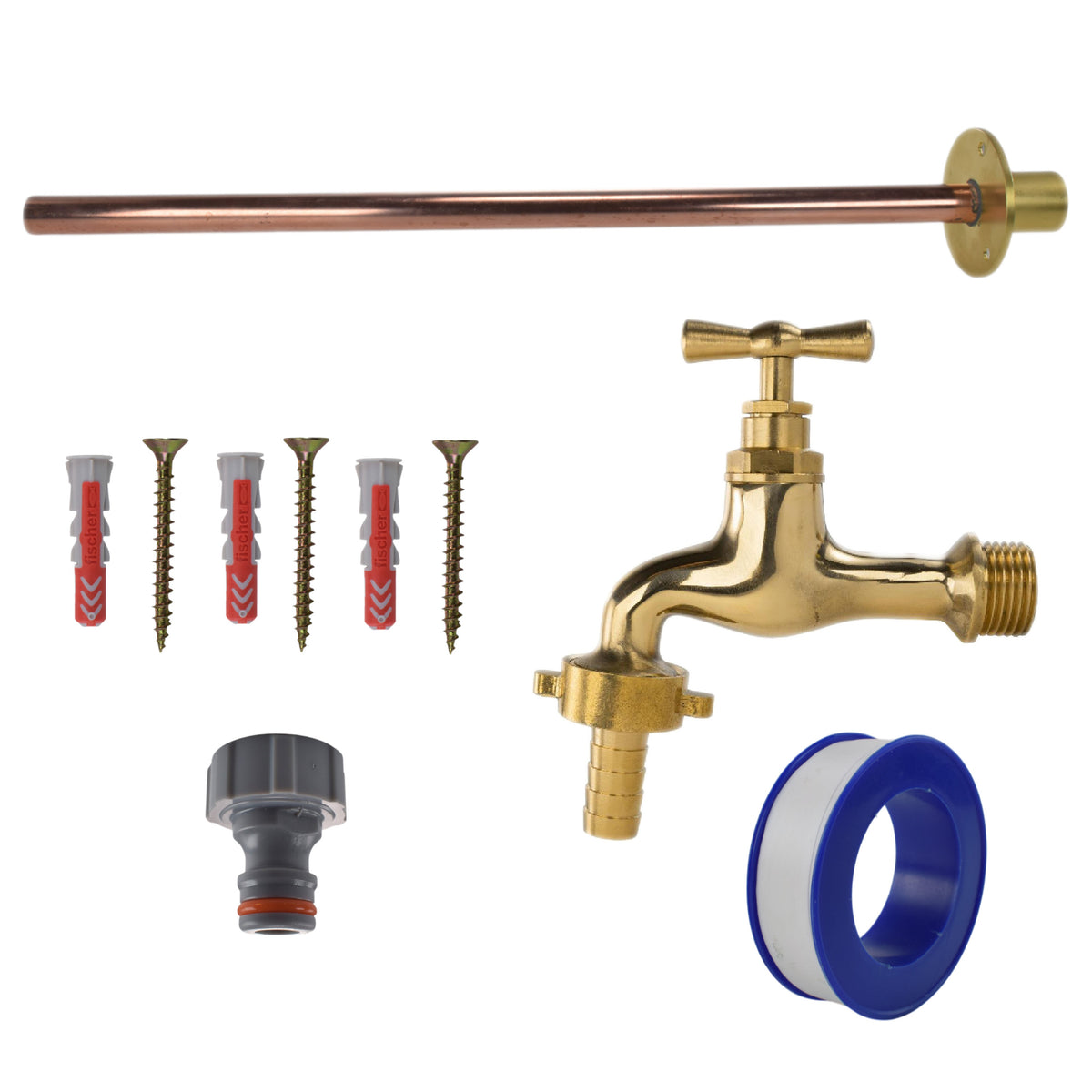 Polished Brass 13mm Barb Tap through-wall kit with wall plate, pipe, fixings and PTFE tape.