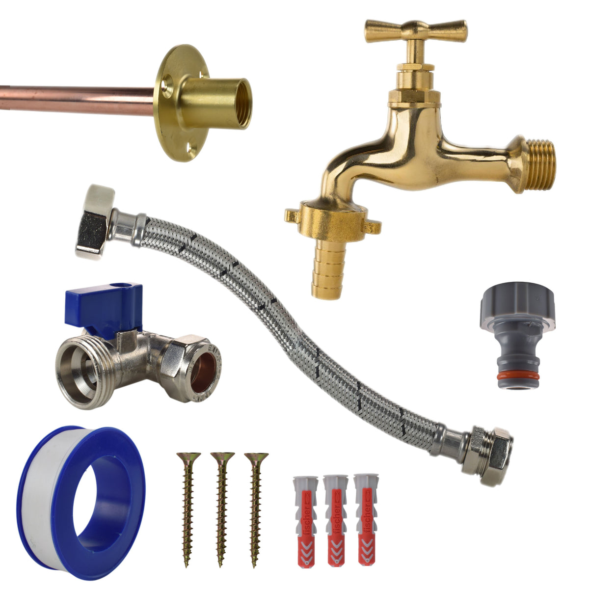 Polished Brass 13mm Barb Tap through-wall kit with wall plate, pipe, fixings and compression tee and flexible connector.