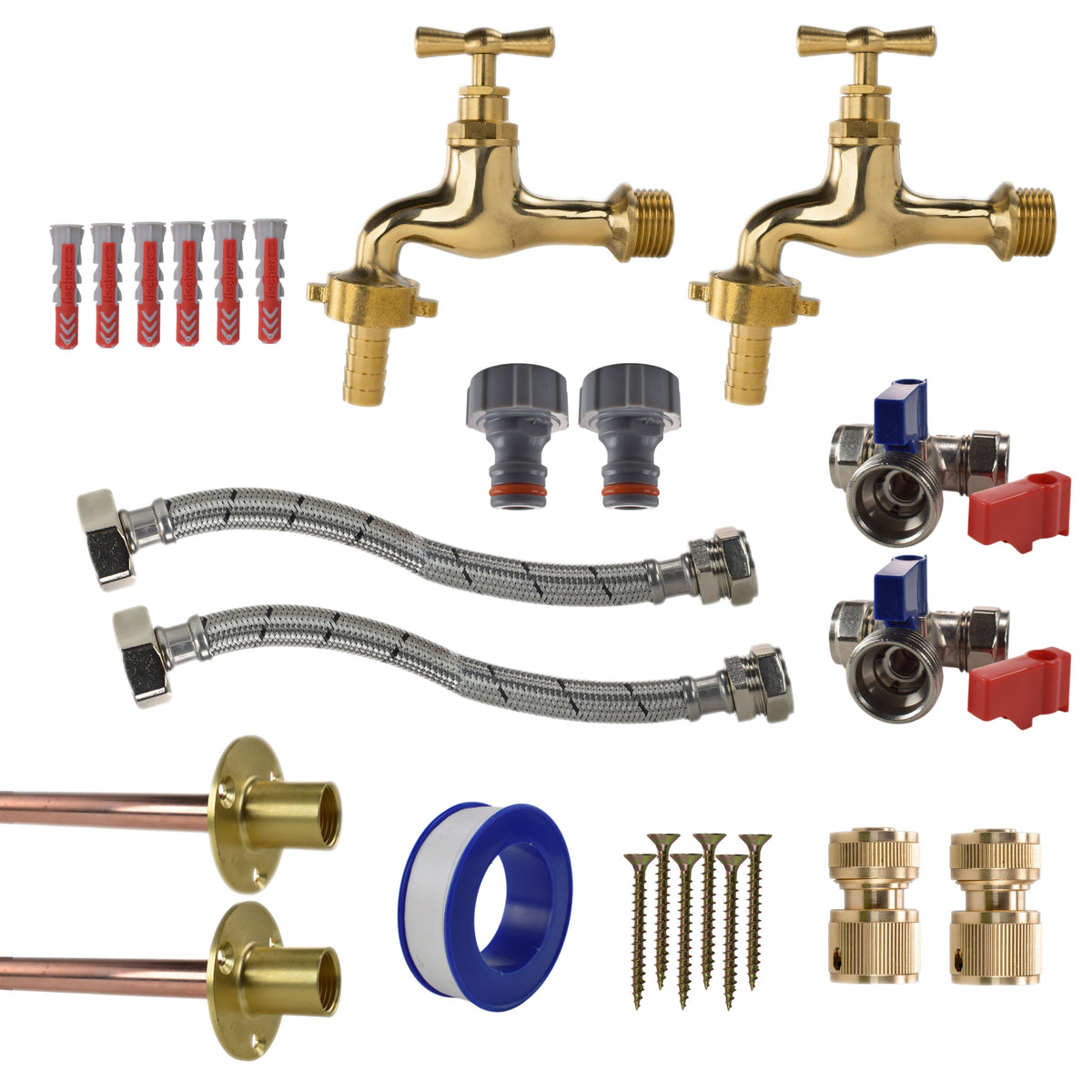 Twin Polished Brass 13mm Barb Through-Wall Tap Kit – Standard