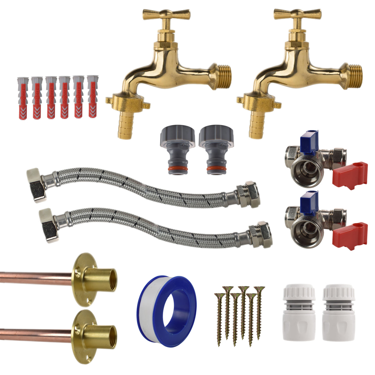 Twin Polished Brass 13mm Barb Through-Wall Tap Kit – Standard