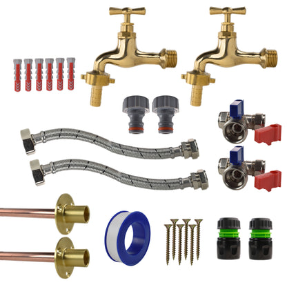 Twin Polished Brass 13mm Barb Through-Wall Tap Kit – Standard