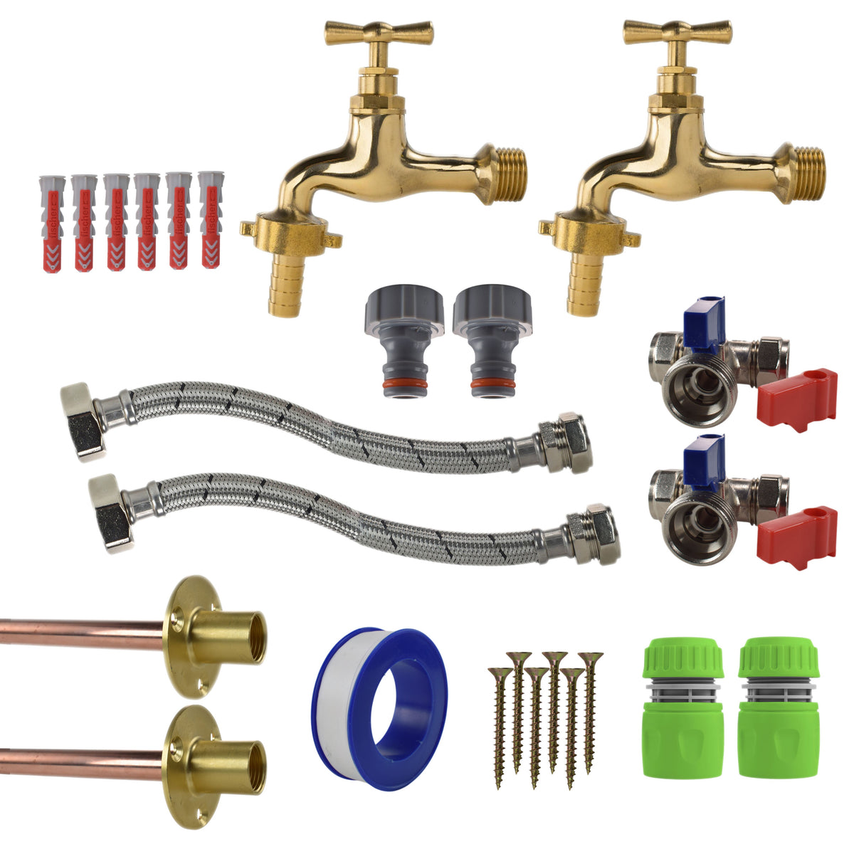 Twin Polished Brass 13mm Barb Through-Wall Tap Kit – Standard