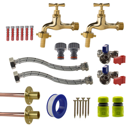 Twin Polished Brass 13mm Barb Through-Wall Tap Kit – Standard