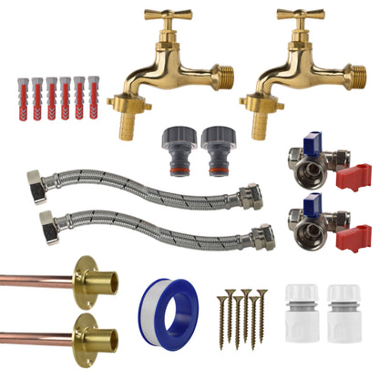 Twin Polished Brass 13mm Barb Through-Wall Tap Kit – Standard