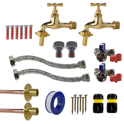 Twin Polished Brass 13mm Barb Through-Wall Tap Kit – Standard
