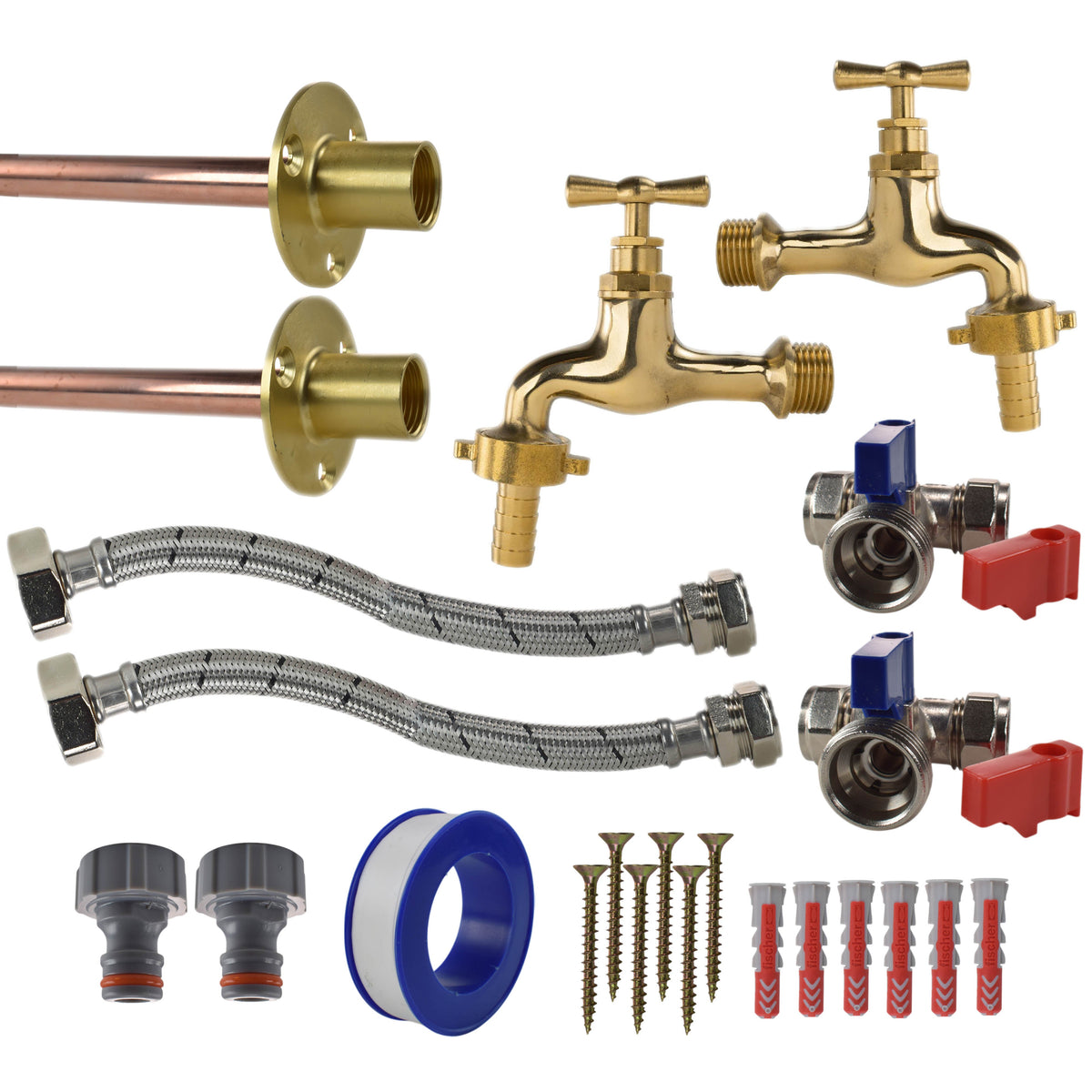 Twin Polished Brass 13mm Barb Through-Wall Tap Kit – Standard