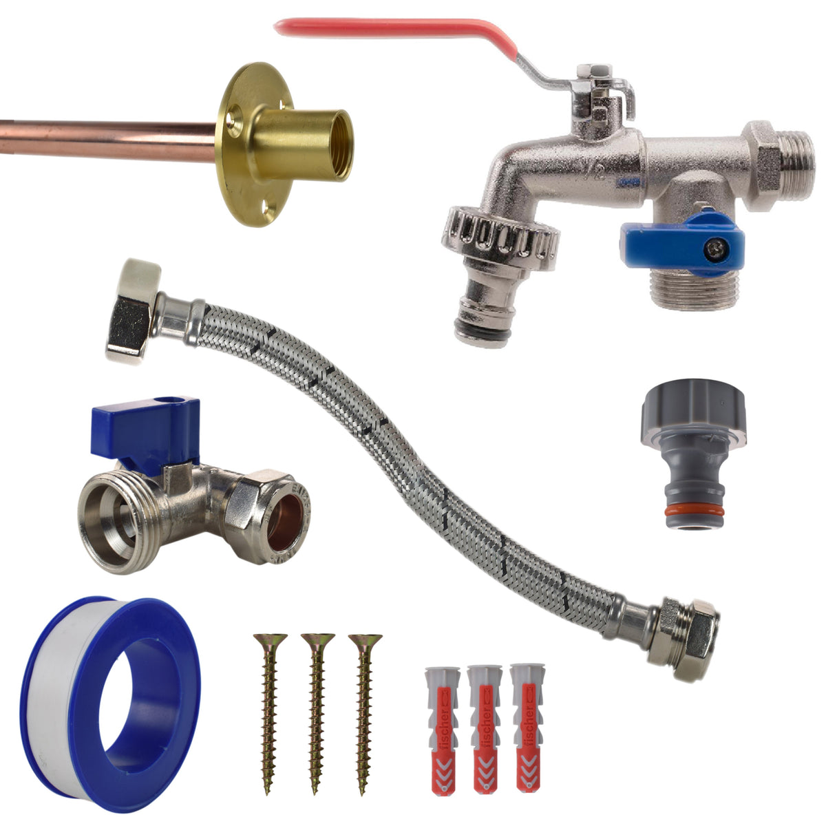 Double-Lever Garden Tap through-wall kit with wall plate, pipe, fixings and compression tee and flexible connector.