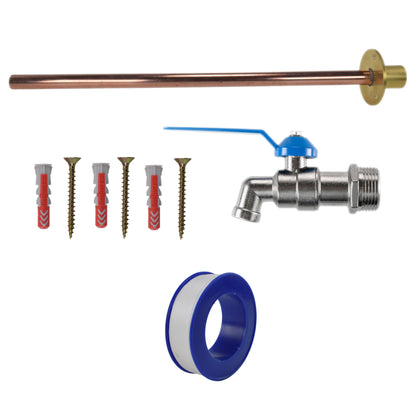 Single-Lever Garden Tap through-wall kit with wall plate, pipe, fixings and PTFE tape.