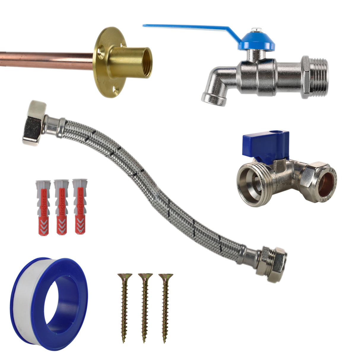 Single-Lever Garden Tap through-wall kit with wall plate, pipe, fixings and compression tee and flexible connector.