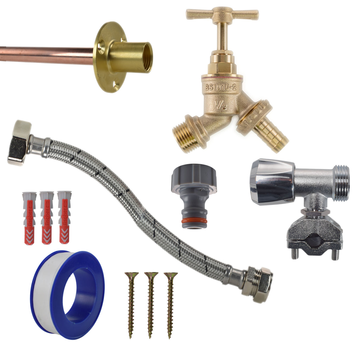 Brass Barbed Bib Tap through-wall kit with wall plate, pipe, fixings and self-cutting valve and flexible connector.
