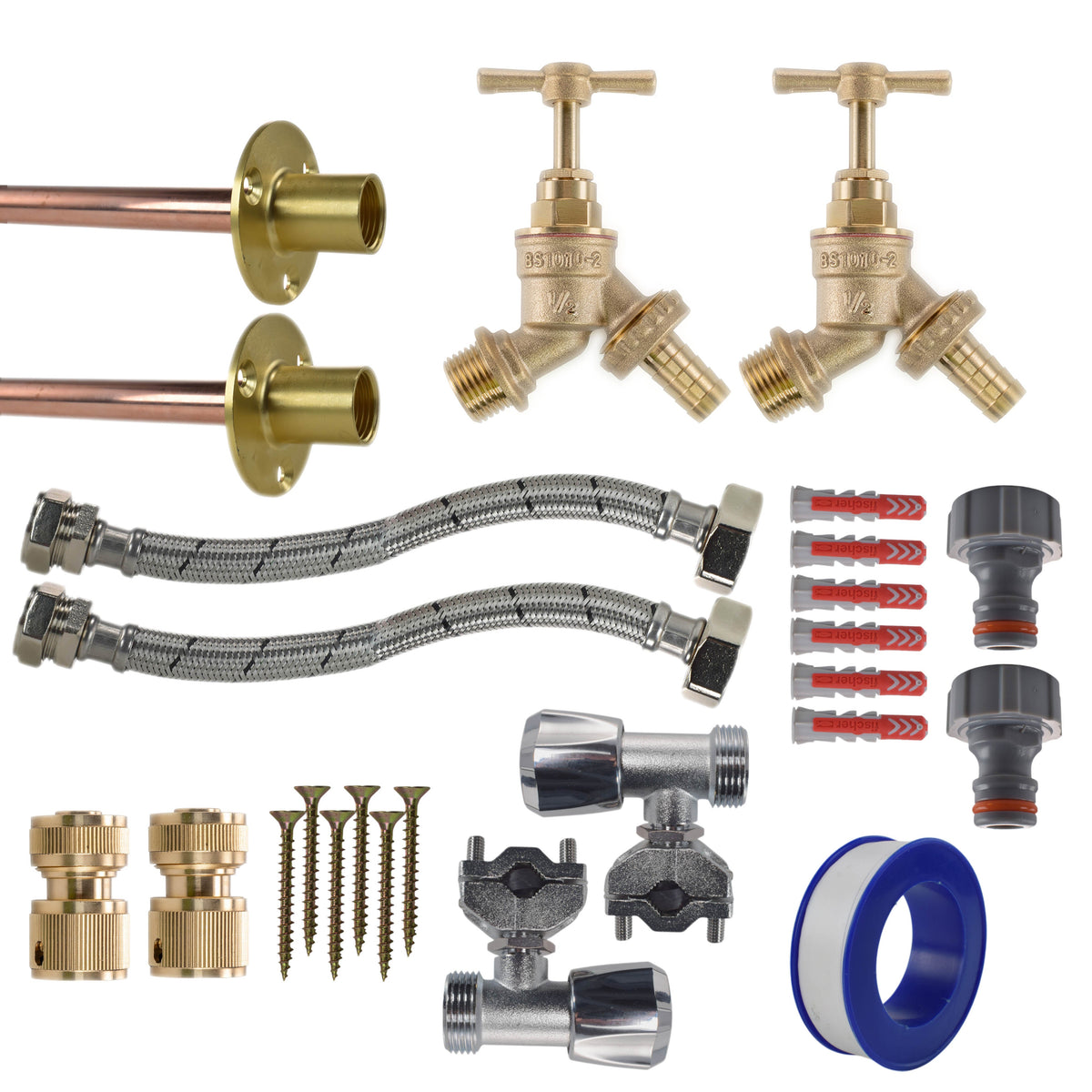 Twin Brass Barb Through-Wall Tap Kit – Full