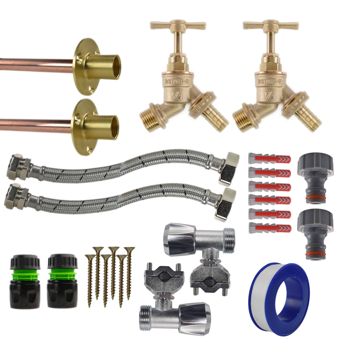 Twin Brass Barb Through-Wall Tap Kit – Full