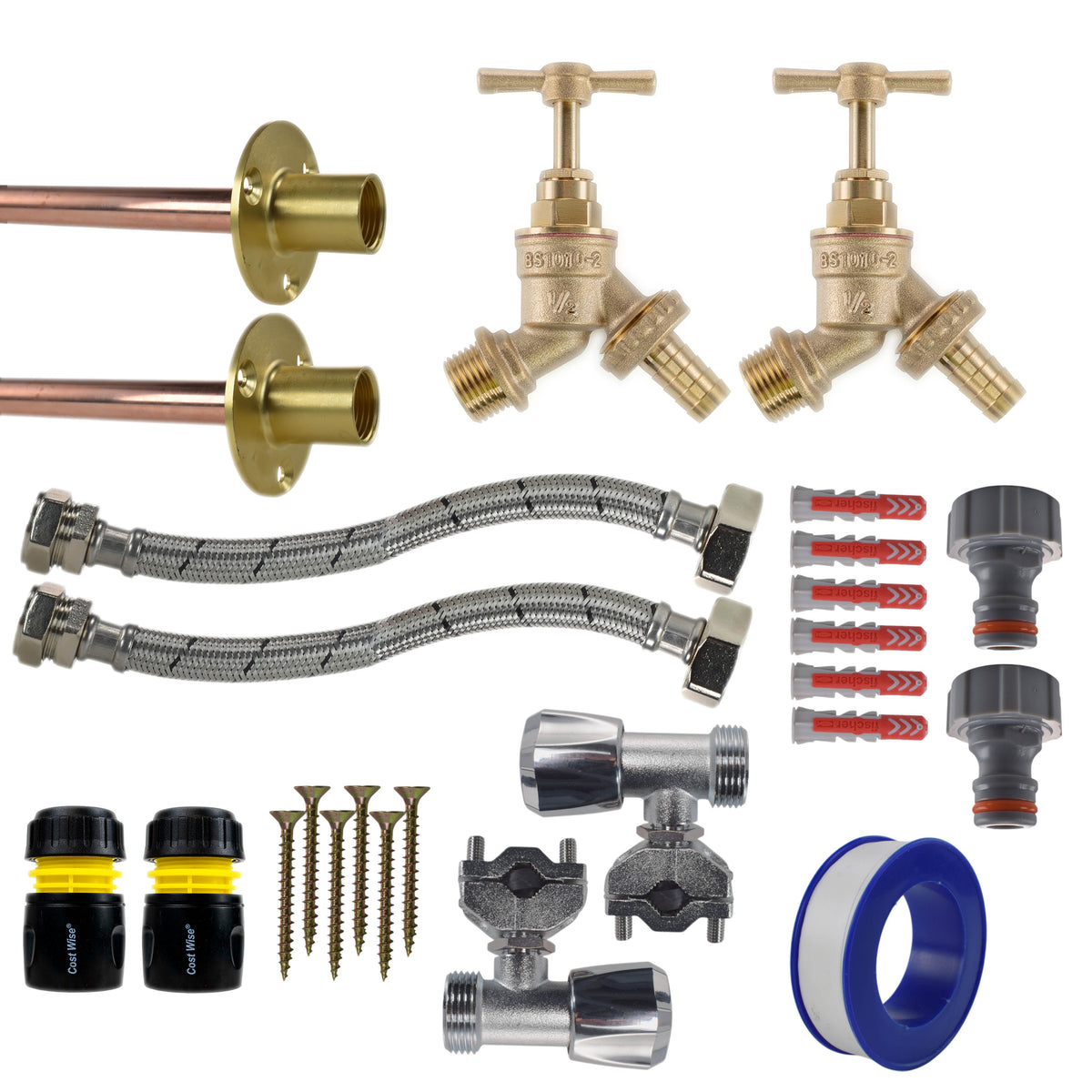 Twin Brass Barb Through-Wall Tap Kit – Full