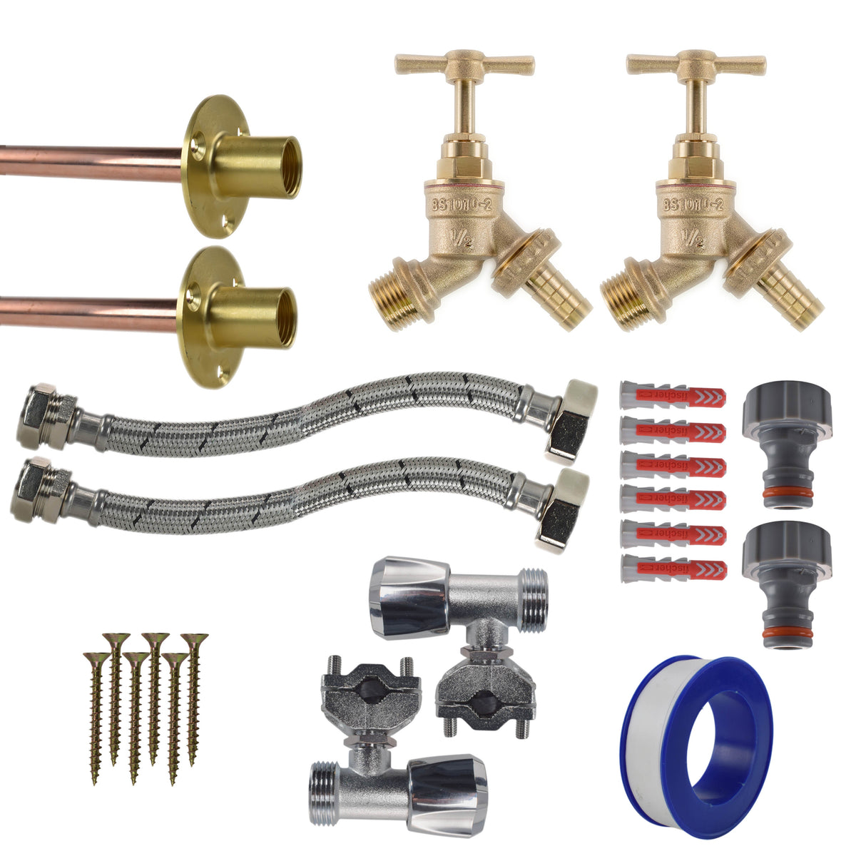 Twin Brass Barb Through-Wall Tap Kit – Full