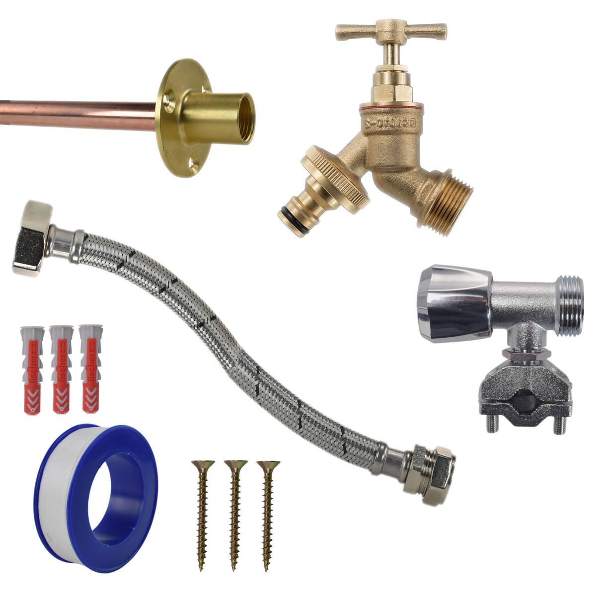 Brass Quick-Connect Bib Tap through-wall kit with wall plate, pipe, fixings and self-cutting valve and flexible connector.