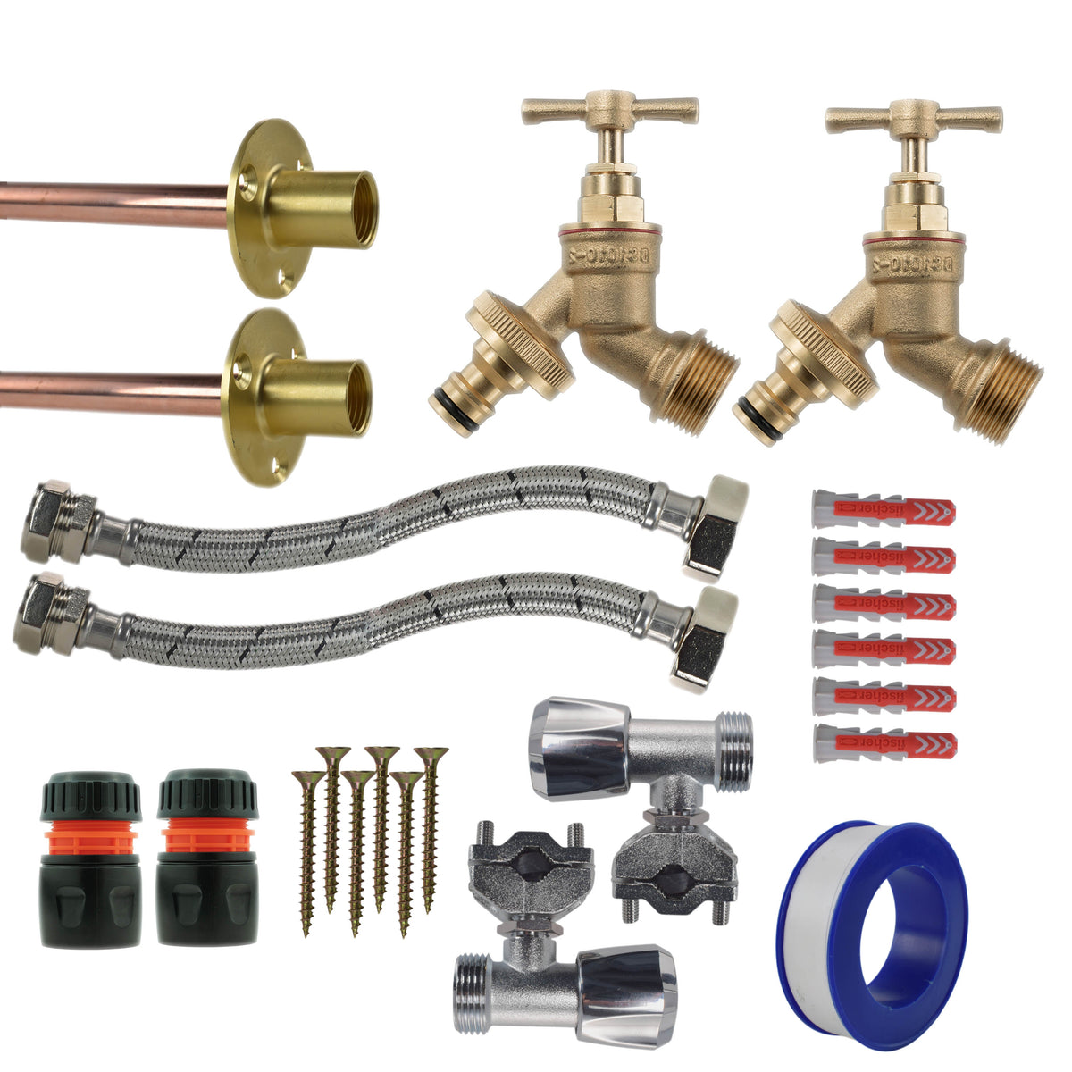 Twin Brass Quick-Connect Through-Wall Tap Kit – Full