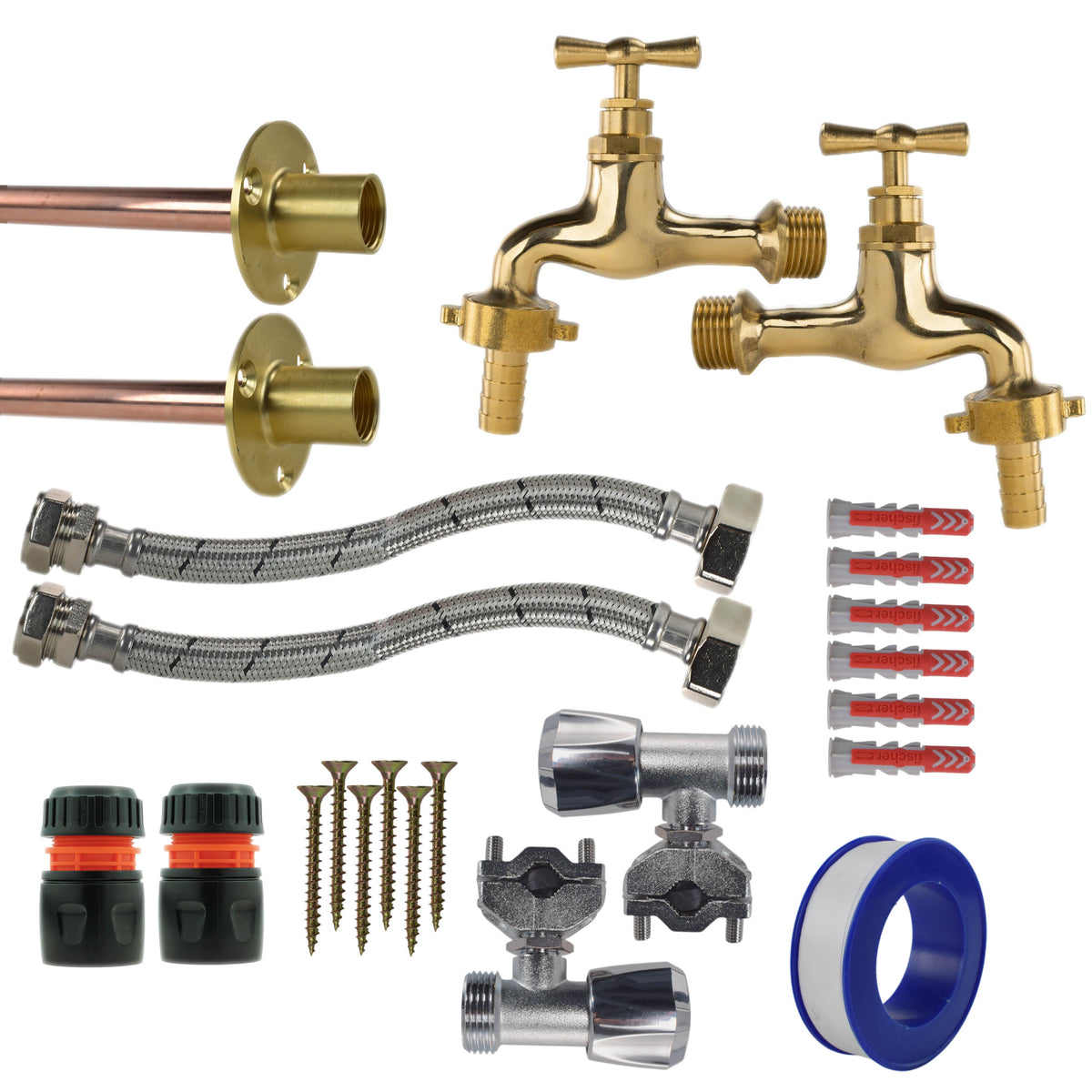 Twin Through-Wall Garden Tap Set – Polished Brass Barb Taps
