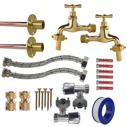Twin Through-Wall Garden Tap Set – Polished Brass Barb Taps