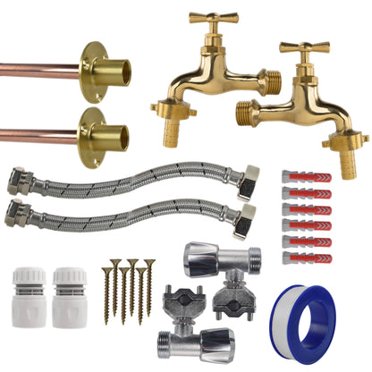 Twin Through-Wall Garden Tap Set – Polished Brass Barb Taps