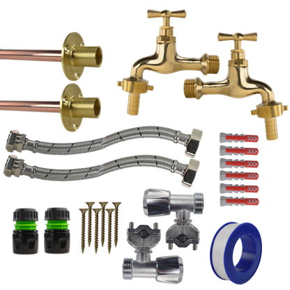 Twin Through-Wall Garden Tap Set – Polished Brass Barb Taps