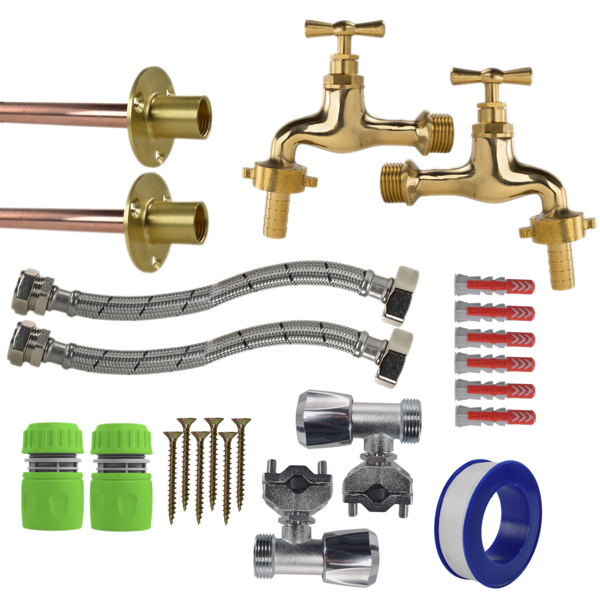 Twin Through-Wall Garden Tap Set – Polished Brass Barb Taps