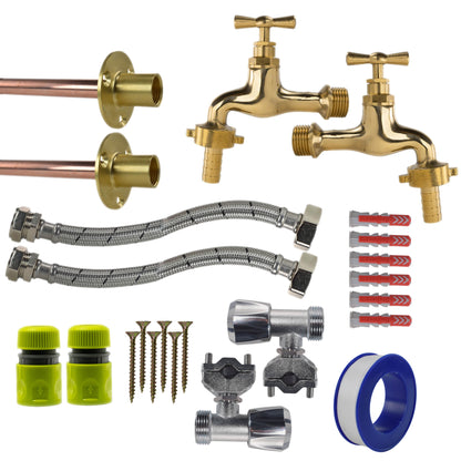Twin Through-Wall Garden Tap Set – Polished Brass Barb Taps