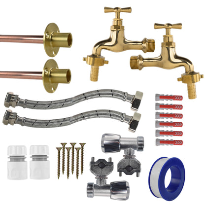 Twin Through-Wall Garden Tap Set – Polished Brass Barb Taps