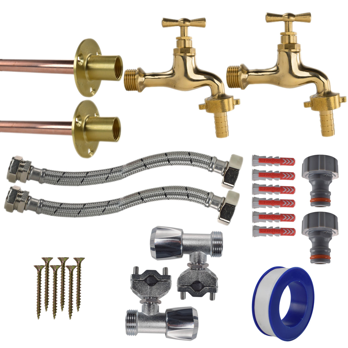 Twin Through-Wall Garden Tap Set – Polished Brass Barb Taps