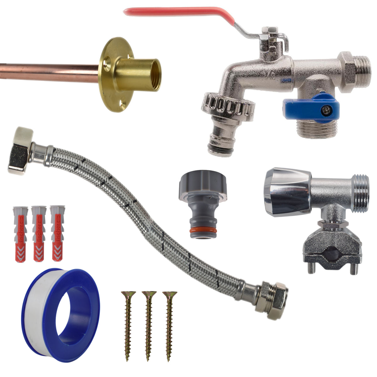 Double-Lever Garden Tap through-wall kit with wall plate, pipe, fixings and self-cutting valve and flexible connector.