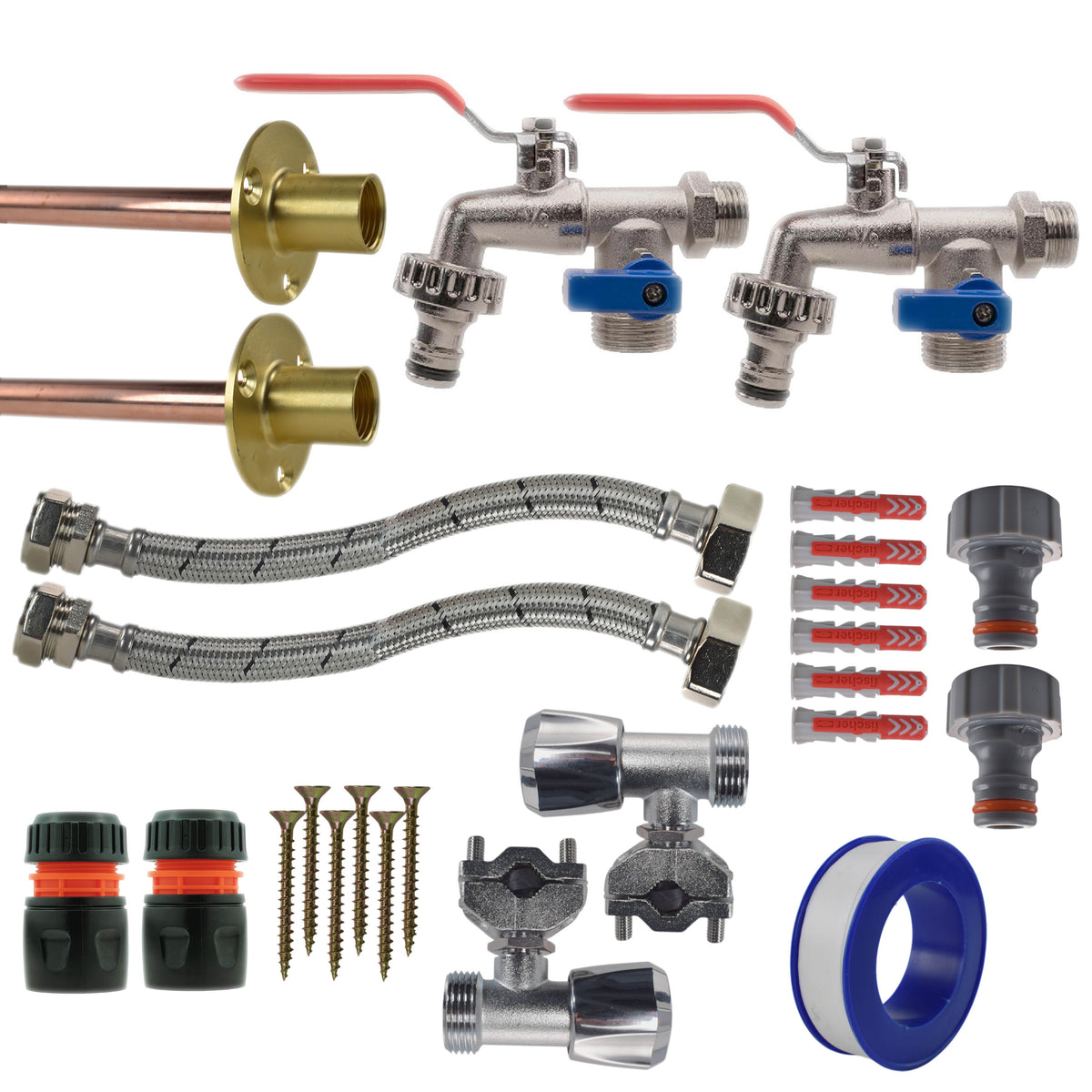 Twin Through-Wall Garden Tap Set – Double Lever Taps