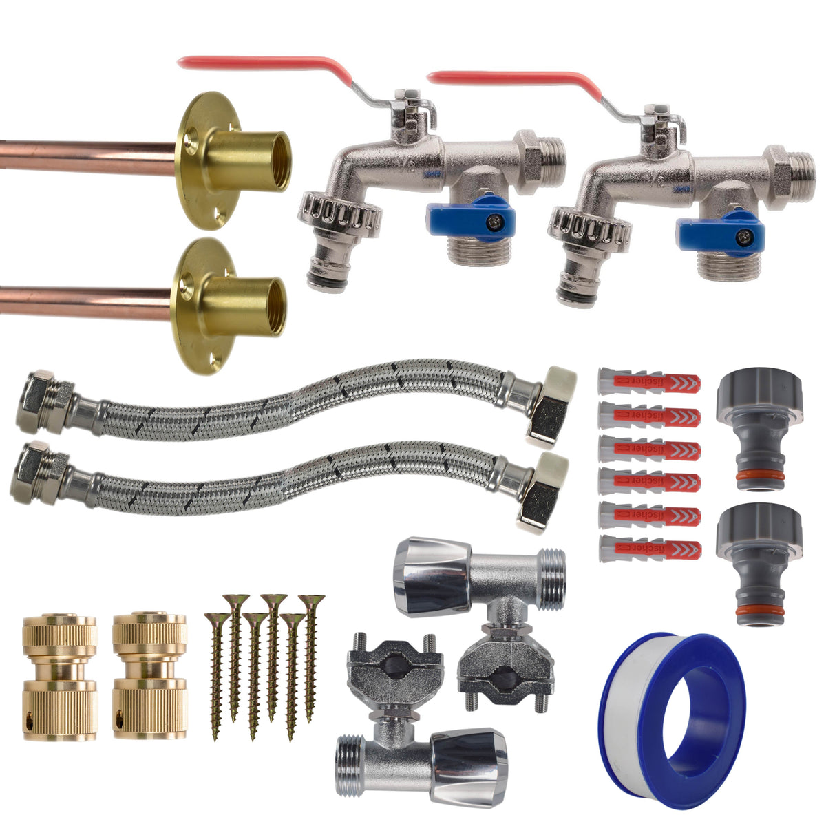 Twin Through-Wall Garden Tap Set – Double Lever Taps